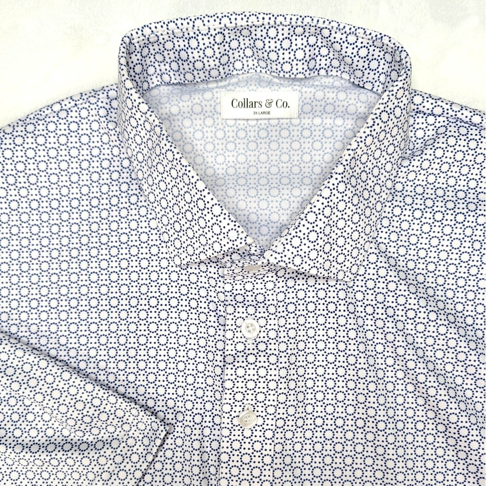 Collars & Co Mens 3XL Dress Collar Polo Short Sleeve‎ Geometric Print White Blue
